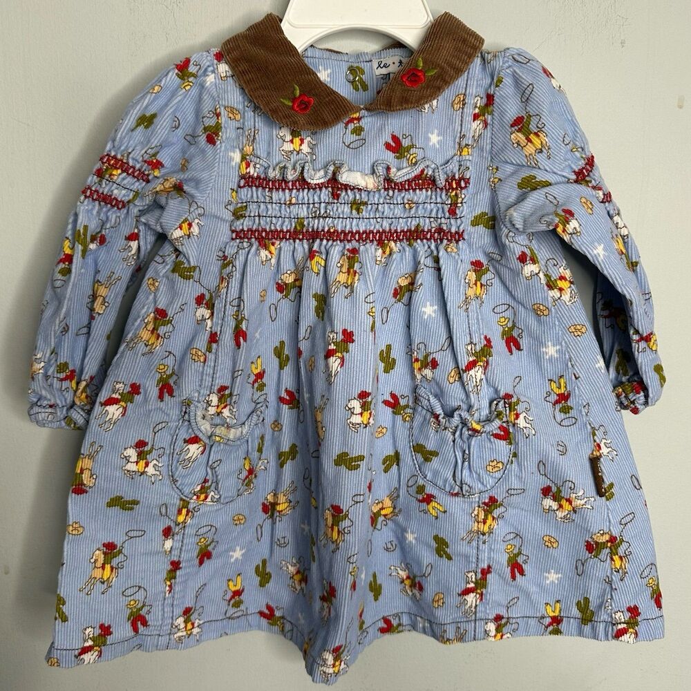 Vintage Le Top Blue Western Rodeo Print Fine Wale Corduroy Dress Size 6 Months